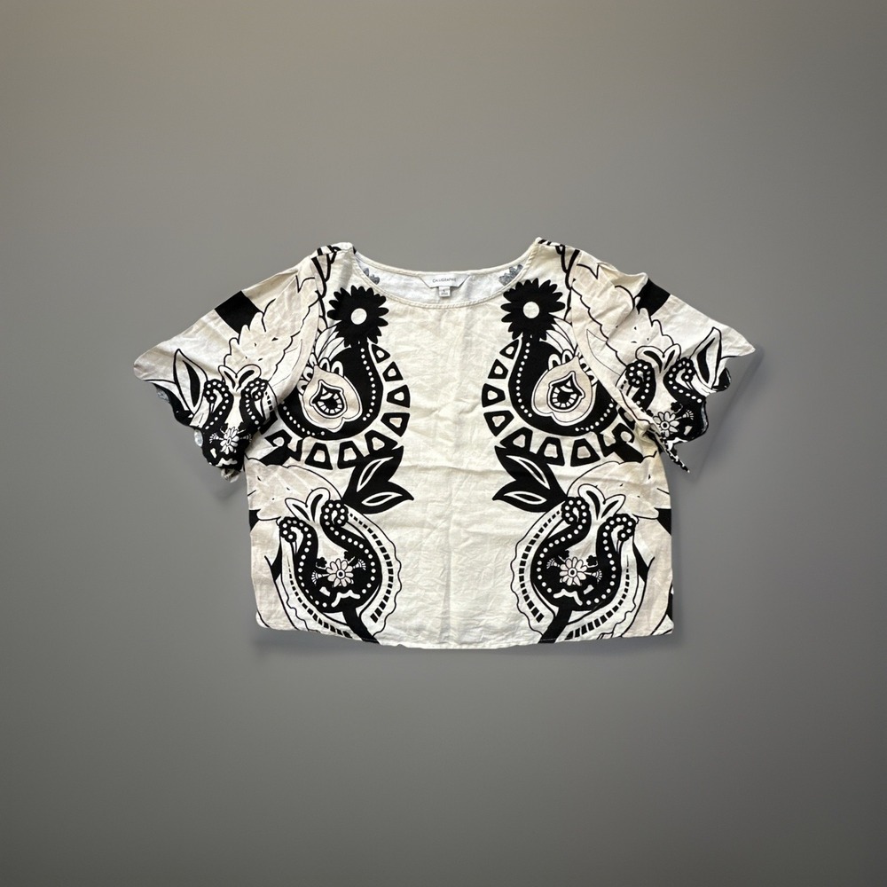 Calligraphie Linen Blend Top L Scoop Neck Flutter Sleeve Black White Floral BOHO